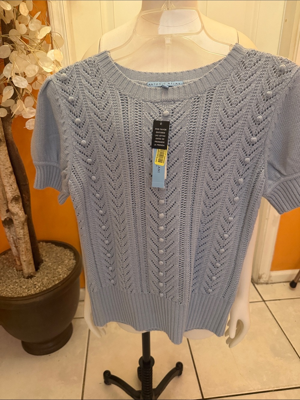 ANTONIO MELANI Powder Blue Short Sleeve Openwork Knit Top